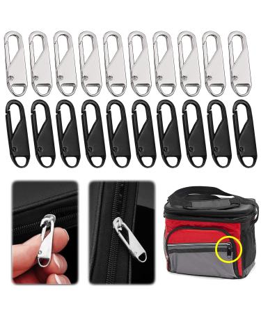 Qazuwa zip pendant 20 pieces of zipper Pull tab zip pull tags metal zipper trailer for suitcases luggage bag jacket backpacks coats boots (black & silver))