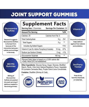 Joint Support Gummies - Extra Strength Glucosamine & Vitamin E for Natural Joint & Flexibility Support - Cartilage & Immune Health Supplement for Women & Men - 60 Gummies - Buy Online on GoSupps.com