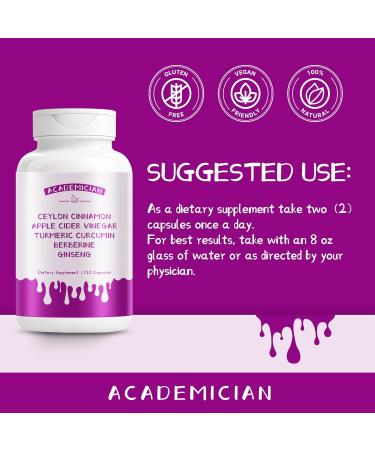 ACADEMICIAN Berberine Apple Cider Vinegar Turmeric Supplement Capsules with Ceylon Cinnamon Ginseng Bitter Melon Gymnema Fenugreek Milk Thistle - 120 Count - Buy Online on GoSupps.com