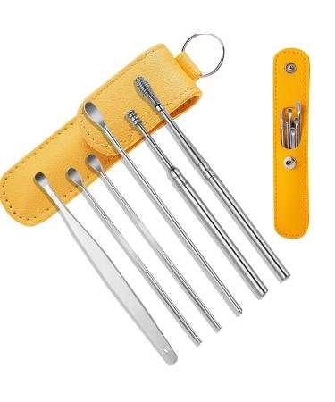 6Pcs Ear Wax Removal Set  Stainless Steel Ear Wax Removal Tool Ear Cleaning Kit Ear Curette Cleaner Ear Picks Digger Tweezers Spiral Spring Ear Spoon Set  Yellow 6 PCS with Yellow Leather Storage Silver