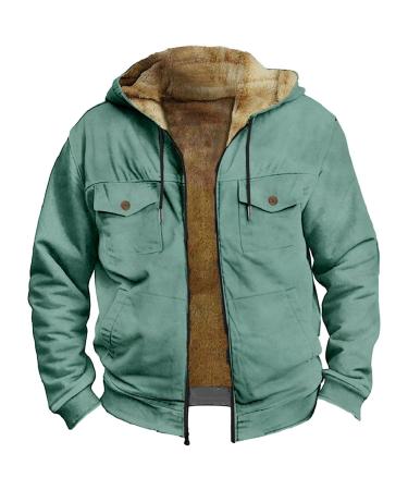 Hanxiulin fleece jacket plush jacket cuddly jacket hiking jacket men basic hooded jacket art fur warm outdoor hooded tops winter warm trench coat mint green 4xl