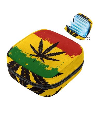 Menstruation pad bag with zipper women's napkin bag tampons collective bags for women and girls (abstract marijuana unskail sheet Rastafarian flag)