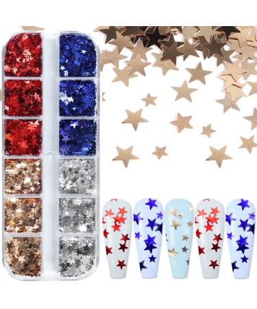 12 Grids Holographic Star Nail Glitter Sequins Star Nail Art Stickers Decals Red Blue Sliver Gold Star Glitter for Independence Day Nail Decorations 4th of July Nail Glitter for Acrylic Nails