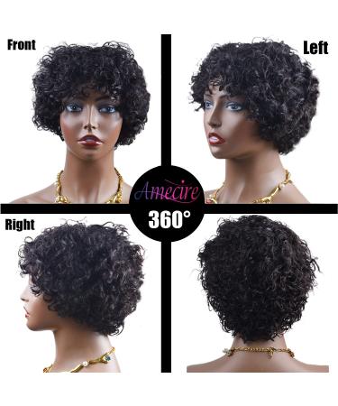 Amecire Short Curly Wig for Black Women - Brazilian Virgin Human Hair Pixie Cut with Bangs, 150% Density Afro Natural None Lace Front Bob Wig in 1B Color - Buy Online on GoSupps.com