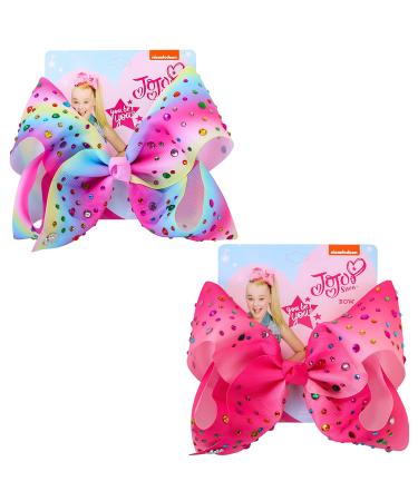 2Pcs Jojo Siwa Style Bows, 8 Inches Large Rhinestones Bows Gift for Girls,Jumbo Jojo Bows Hair Accessories(Hot Pink & Rainbow) Hot Pink & Rainbow Rhinestones