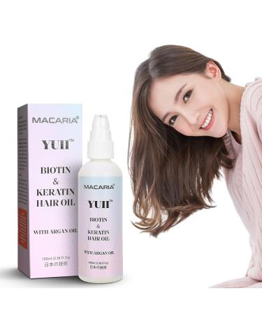 Macaria Yuii Biotin Hair Growth Oil with Pure Argan & Olive Oil for Pro Strengthening & Thickening Infused with Premium Serum & Keratin for Natural Smoothing for Frizzy Hair for Men & Women 100ml