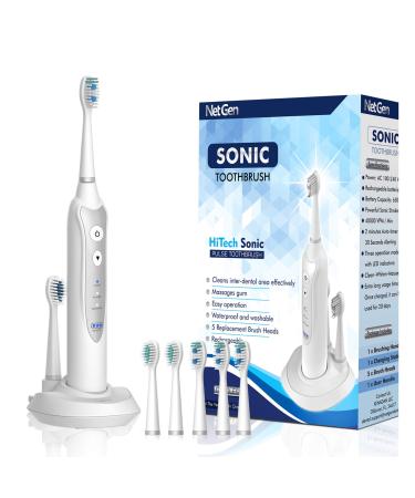 Sonic Electric Toothbrush for Adults with 5 Toothbrush Replacement Heads  3 Brushing Modes & 2 Minutes Built-in Timer  Travel Toothbrushes with Inductive Charging  Rechargeable toothbrush | White