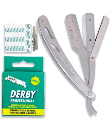 Derby Professional Straight Edge Razor Set Men's Shaving Tool Safety Razor with Handle and Case Silver