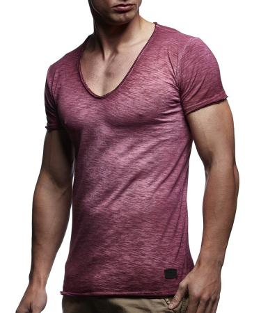 Leif Nelson Men Summer T-Shirt V-neck Slim Fit Cotton Share of Modern Men T-Shirt V-Neck Hoodie sweatshirt short arm LN6280-1 Veil Bordeaux Medium