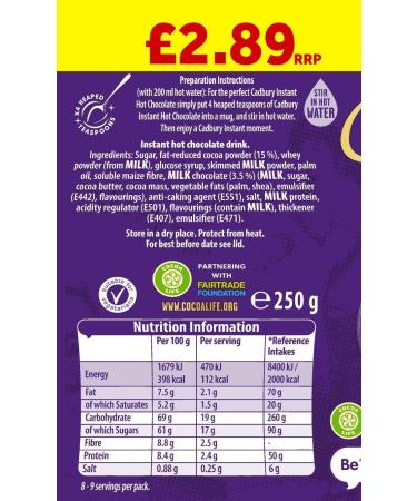 Cadbury Instant Hot Chocolate Cocoa Powder 250g - Buy Online on GoSupps.com