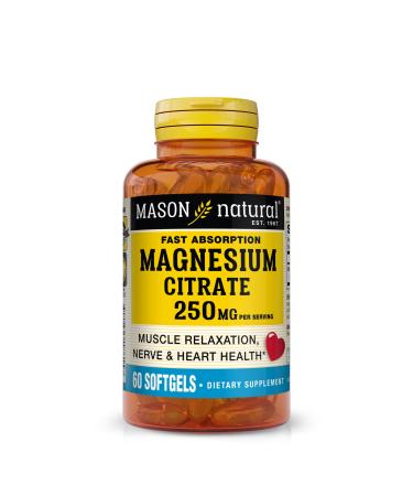 Mason Natural Magnesium Citrate 250 mg Mineral Supplement for Men and Women Fast Absorption 30-Day Supply 60 Softgels (Pack of 1) 60 Count (Pack of 1)