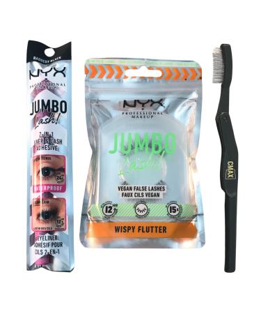 False Eyelashes Kit Bundle including NYX Professional Makeup Wispy Flutter Jumbo Lash! Vegan False Eyelashes NYX Jumbo Lash! 2-In-1 Eyeliner & Eyelash Glue & CMax Eyelash Comb