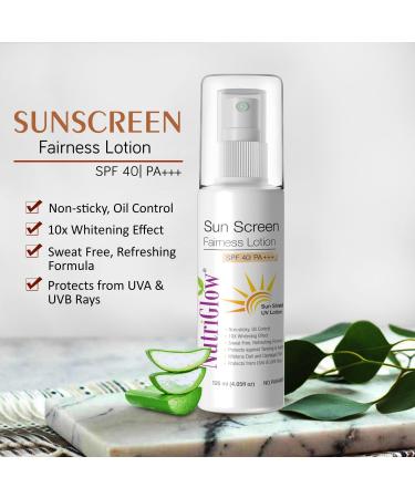 NutriGlow Sunscreen Fairness Lotion SPF 40 PA+++ Broad Spectrum For Dry Sensitive Tan Free Skin Non Greasy UVA & UVB Protection All Skin Types No Paraben & Sulpahate 4.05 fl Oz - Buy Online on GoSupps.com