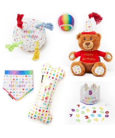 Dog Happy Birthday 6-Piece Set Perfect Dogs Happy Bday Celebration Present includes Toys Crown Party Hat and Bandana (Large)
