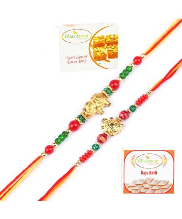 Ghasitaram Gifts Rakhi for Brother Rakhis Online - Set of 2-6043 and 6059 Rakhi Threads with 200 GMS of Besan Barfi and 200 GMS of Kaju Katli