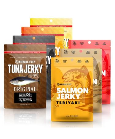 Kaimana Jerky Ahi Tuna & Salmon Sampler Pack - All Natural & Wild Caught Fish Jerky. Made in USA. 23g Protein, Omega-3's and Low Sugar Tuna and Salmon Combo 7 Pack