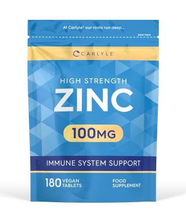 Zinc Supplements 100mg | High Strength Zinc Tablets | 180 Count | Suitable for Vegetarians & Vegans | Carlyle