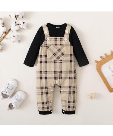 Puseky Baby Boy 2-Piece Outfit Set: Long Sleeve Romper & Plaid Suspenders Overall Pants 0-3 Months - Buy Online on GoSupps.com
