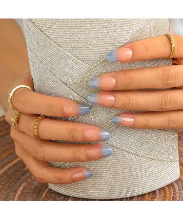 Sethexy Shiny Oval False Fingernails - Sparkle Acrylic Gradient Nail Tips (24 pcs) with Glue - Complete Cover Press-On Nails for Women & Girls in Blue - Buy Online on GoSupps.com