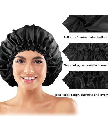 Adjustable Double Layer Satin Bonnet for Women - Large Silk Sleep Cap for Curly Natural Hair (Black) - Buy Online on GoSupps.com