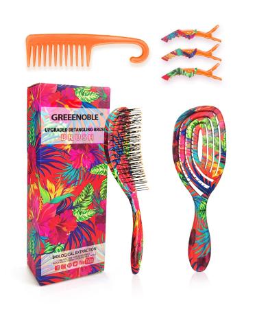 Hair Detangling Brush - Vented Design Detangling Hairbrush and Wide Tooth Comb for Women, Kids, Wet, Dry, Curly - Minimize Hair Breakage, Split-Ends – Come with 3 Alligator Styling Sectioning Clips (Tropical Leaves)