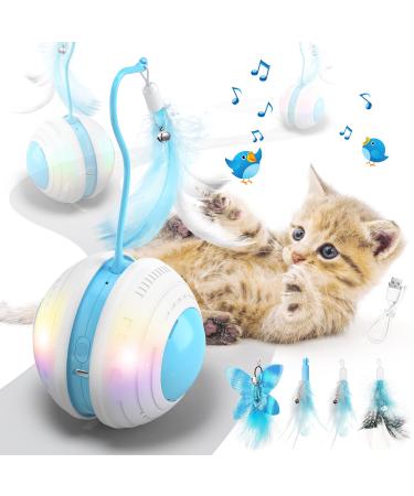 Interactive Cat Ball Toys with Bird Sound, Led Light, Detachable Protective Rubber Shell, USB Charging, Automatic 360 Rolling, 2 Feathers & Bell, Robotic Cat Moving Toys for Indoor Cats