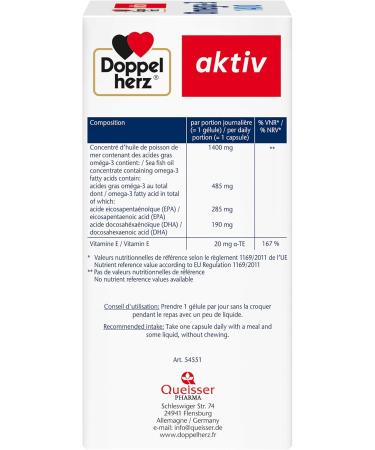 Doppelherz Omega-3 1400 High content of Omega 3 fatty acids EPA and DHA & Vitamin E For good heart function Sea fish oil 120 capsules - Buy Online on GoSupps.com