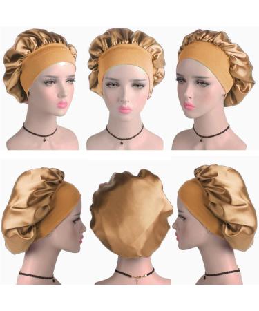 Silk Night Sleep Cap for Women - Wide Band Satin Bonnet for Black & Curly Hair - Gold - Buy Online on GoSupps.com
