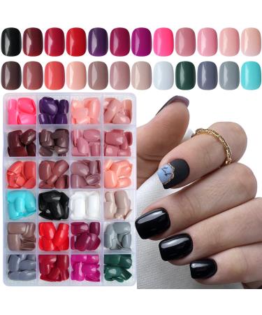 LoveOurHome 576pc Short Press on Nails Round Square Short Fake Nails Full Cover Glossy Gel Short Press on Nails Artificial Fingernail False Acrylic Presson Tips 24 Colors for Kids Girls Women Short Square Glossy