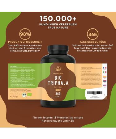 Buy Organic Triphala 360 Capsules - 2000mg High Dose - Vegan Additive-Free - Premium Indian Fruits - True Nature - Laboratory Tested in Germany - Buy Online on GoSupps.com
