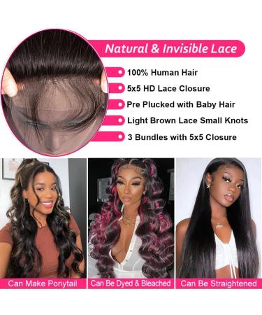 18 20 22 Inch Brazilian Body Wave Bundles with 5x5 Lace Closure - Unprocessed Virgin Human Hair - Free Part Closure Included - Buy Online on GoSupps.com