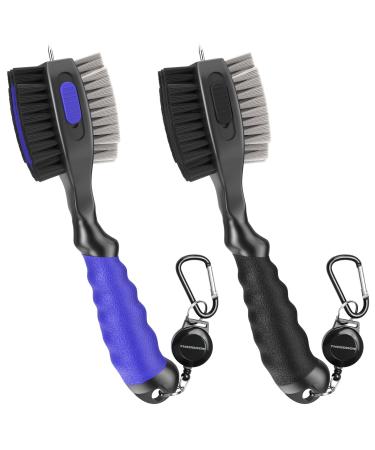 THIODOON 2 Pack Golf Club Brushes and Groove Cleaner with Magnetic Keychain Oversized Golf Brush Head and Retractable Spike Super Non-Slip Handle Comfortable Grip Golf Club Cleaner 2-pack Black & Blue