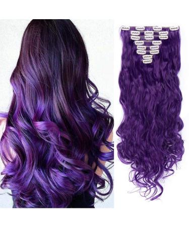 Silk-co Hairpiece Extensions Clip in Hair Extension Long Curly Wavy 8 Pcs Full Head 18 Clips Synthetic Heat Resistant 24 inch Dark Purple 24 Inch Curly #Dark Purple