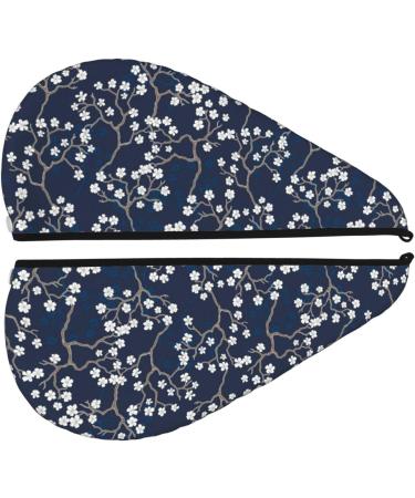 Hair Towel Wrap - Quick Drying Hair Turban with Button - Cherry Blossoms on Navy Background - Buy Online on GoSupps.com