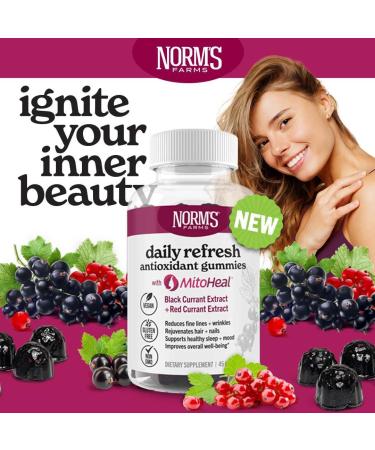 Norm's Farms Elderberry Antioxidant Gummies - Daily Refresh w/MitoHeal 500mg Red & Black Currant Extract - Sleep Mood Skin Hair & Nail Support - USA Made Vegan Non-GMO Gluten-Free - 45 Gummies - Buy Online on GoSupps.com