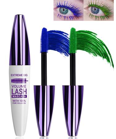 5D Blue Green Mascara Voluminous Waterproof-Silk Fiber Tubing Mascara for Eyelashes Volume and Length Curling Eye Lash Longlasting Colored Liquid Lash Extensions Mascara Halloween Makeup Gift for Women 04#Blue+06#Green