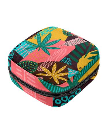 Menstruation pad bag with zipper women's napkin bag tampons collecting bags for women and girls (tribal patterns tropical leaves)