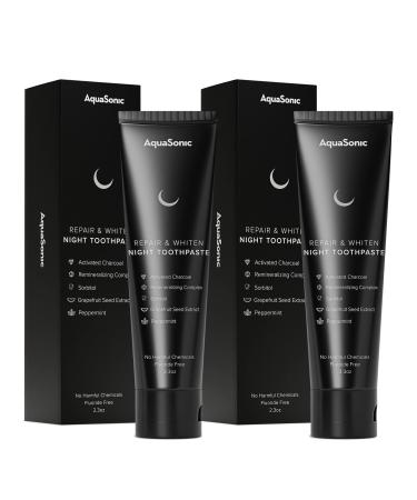 AquaSonic 2-Pack of Repair & Whiten Night Toothpaste | Strengthen & Harden Tooth Enamel | Activated Charcoal Detoxifies Mouth & Freshens Breath | Fluoride-Free Peroxide-Free Whitening Formula