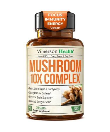 Mushroom 10x Complex with Lions Mane Extract Turkey Tail Cordyceps Reishi Shiitake Chaga & Maitake for Cognitive Support Vegan Mushroom Supplement Blend for Natural Energy & Focus 60 Capsules Mushroom Complex 10-in-1