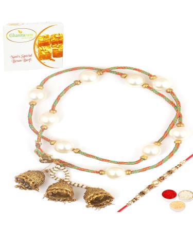 Ghasitaram Gifts Rakhis Online - Rakhi for Brother- Pure as Pearls rm112 Bhaiya Bhabhi Rakhi with 200 GMS of Besan Barfi Rakhi Set with 200 gms of Besan Barfi
