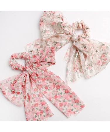 2PCS Floral Hair Scarf with Ribbon Bow for Women and Girls - Silk Long Tails Scrunchy Elastics Ponytail Holder - Buy Online on GoSupps.com