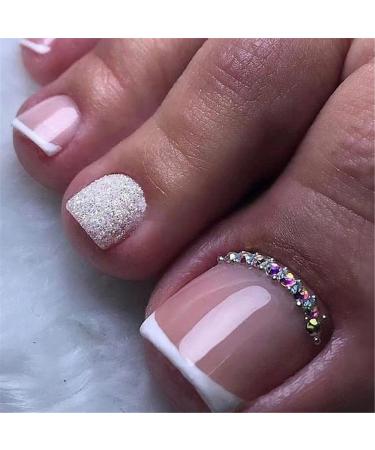 VOTACOS French Tip Press on Toenails Press on Nails Short Square 24PCS Fake Toeails with Bling Rhinestone Designs Nude Full Cover Glossy Toe Fake Nails Acrylic Toenails for Women Toe Nail X31 D4 Bling Rhinestone