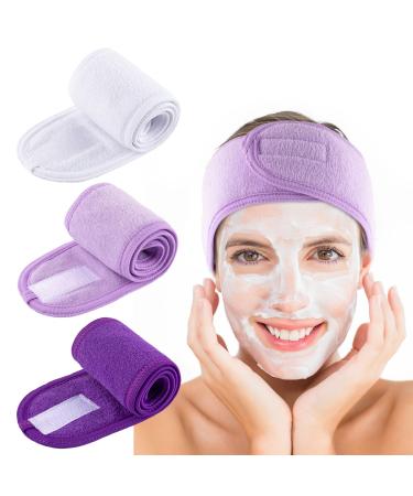 Whaline Spa Facial Headband Make Up Wrap Head Terry Cloth Headband Adjustable Towel Band for Face Washing Shower Facial Cover, 3 Pieces (White, Purple, Dark Purple) White,Purple,Dark Purple