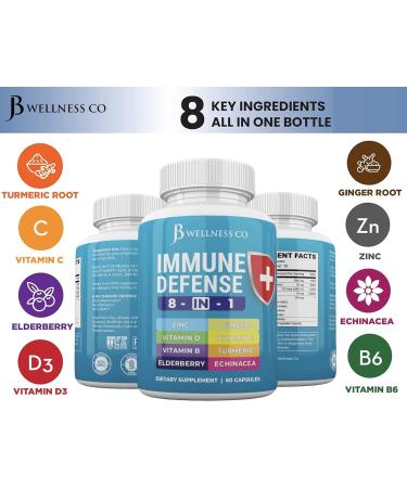 JB Wellness CO Immune Support 8 in 1 Capsules - Zinc, Vitamin D3, C, Elderberry - Immune Booster with Echinacea, Ginger, Turmeric - 2-Pack - Buy Online on GoSupps.com