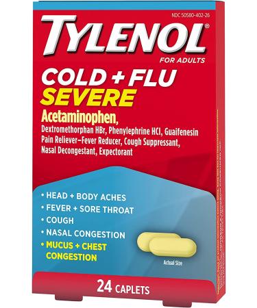 Tylenol Cold & Flu Severe Caplets - 24 ct Relief for Fever, Pain, Cough & Congestion - Buy Online on GoSupps.com