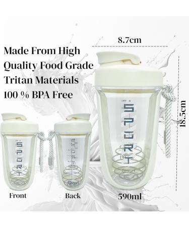 Qavi Protein Shaker Bottle With Stainless Steel Mixing Wire Ball and Rope Premium Shaker Made of Tritan Materiel BPA Free Durable Leakproof And Odourless | 590ml White - Buy Online on GoSupps.com