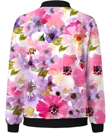 Women's Light Bomber Jacket with Flower Pattern - Casual Summer Aviator Zipper Jacket | Pink XL Outwear for College - Buy Online on GoSupps.com