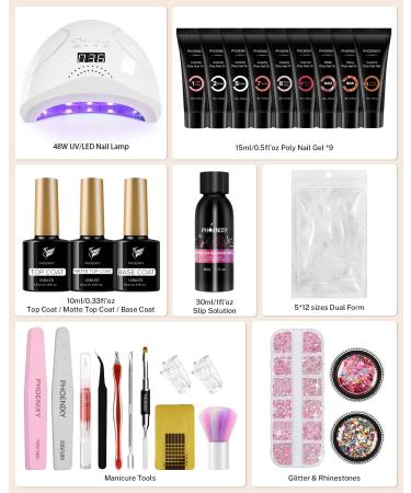 Phoenixy Poly Nail Gel Kit - 9 Colors Extension Gel Starter Kit with 48W UV LED Lamp - Manicure Tools Gift for Women - Buy Online on GoSupps.com