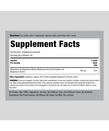 Triple Action Magnesium Complex | 150 Capsules | Malate, Amino Acid Chelate, Citrate | Maximum Strength | Vegetarian, Non-GMO, Gluten Free | Piping Rock - Buy Online on GoSupps.com