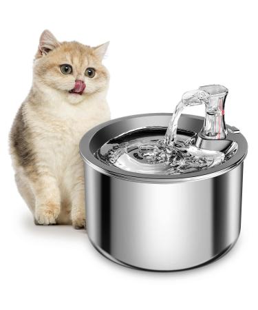 Homtyler Cat Water Fountain, Stainless Steel Pet Water Fountain for Cats Inside Ultra-Quiet Pump, 2L/67oz Automatic Dog Dispenser Water Bowl, Multiple Pets Water Fountain Sliver